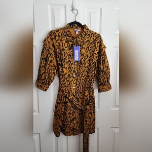 Leopard Print Mini Shirt Dress in Tan with Self-Tie Waist NWT Sz 14